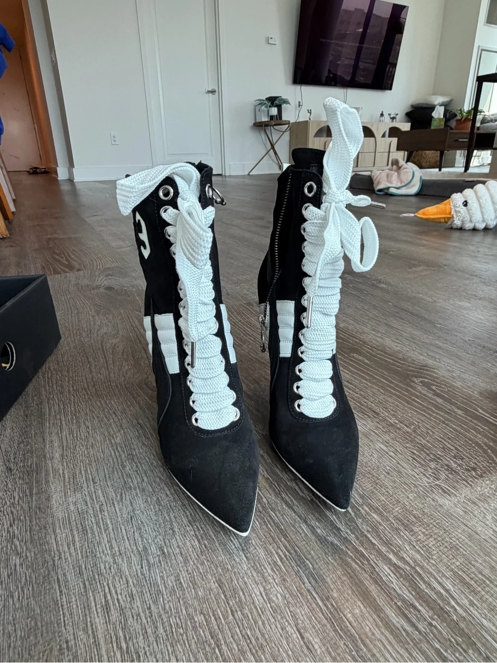 Black and White Lace-Up Stiletto Ankle Boots - Picture 2 of 9